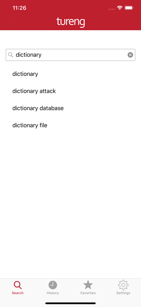 Tureng Dictionary app search screen showing autocomplete suggestions for the term dictionary
