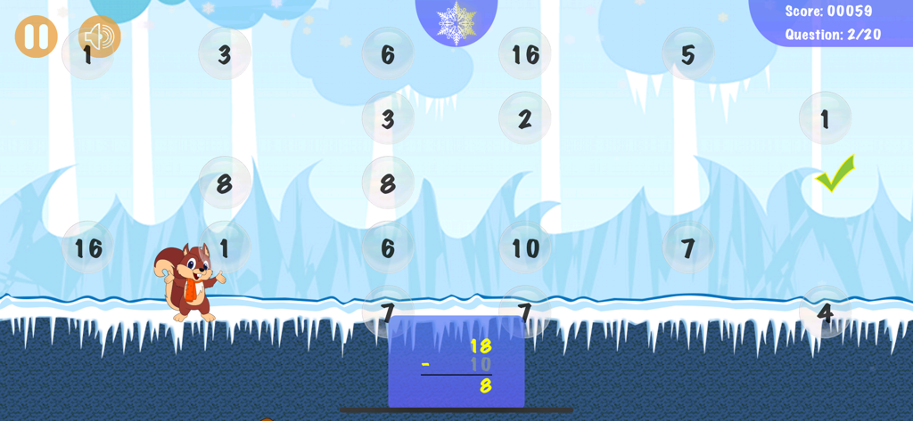 Maths Plus Minus - Arithmetic - Maths Plus Minus 앱 스크린샷, 겨울 테마 교육 게임에서 빼기 문제 표시