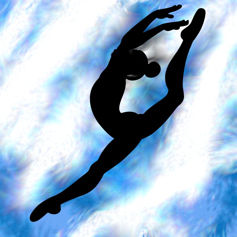 gymnast doing a leap in a leotard with a bent back leg