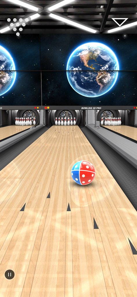 A 3D bowling game interface featuring a red and blue patterned ball rolling down a wooden lane with cosmic earth backgrounds