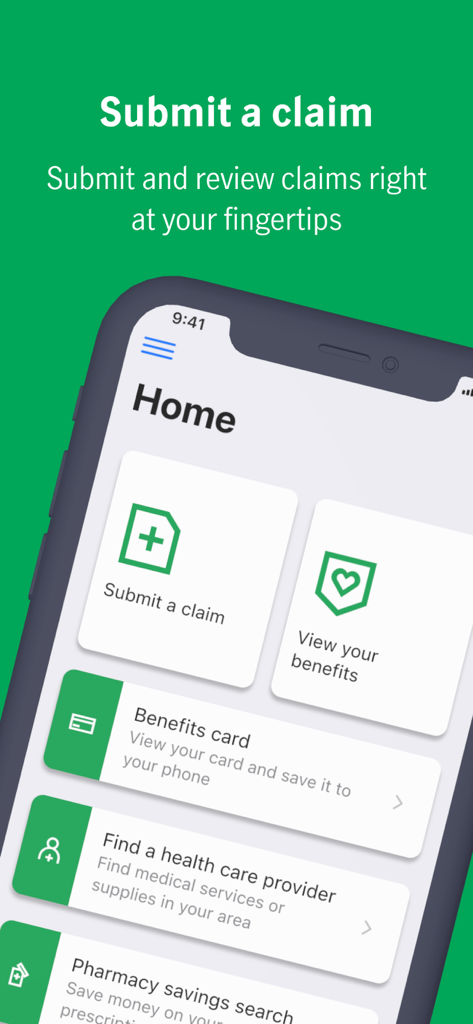 Manulife Mobile app home screen showing options to submit a claim and view health benefits on a smartphone.