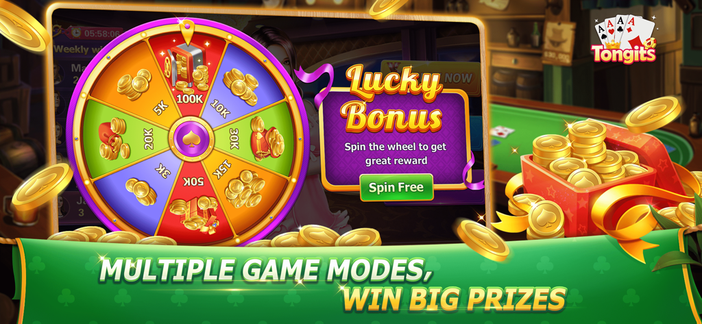 Tongits Deluxe: Fun Card Game - Rueda de giro de Bonificación de la Suerte en el juego de cartas Tongits Deluxe con varias recompensas de monedas.