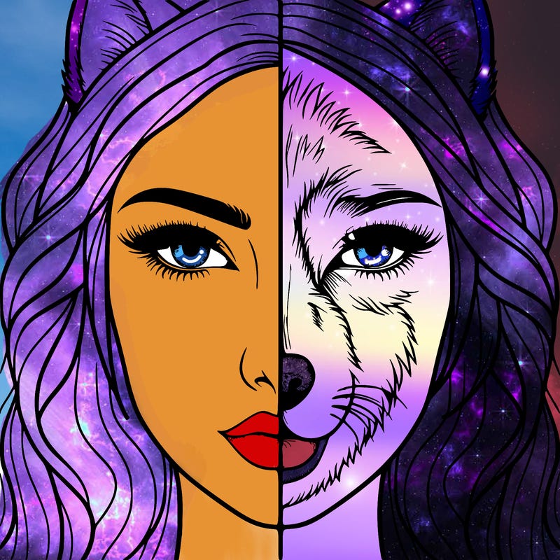 split face realistic woman and wolf