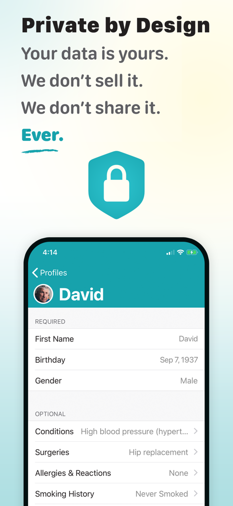 Medication Reminder & Pill Log - Datenschutzerklärung und Gesundheitsprofil, das sichere Datenspeicherung für Erkrankungen und Operationen zeigt.