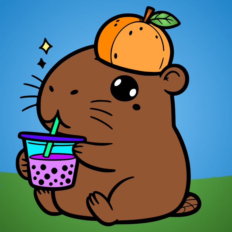 capybara drinking boba with a orange on its head