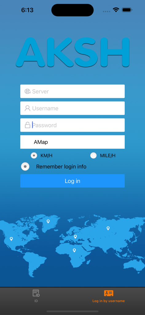 AKSH GPS - AKSH GPS app login screen showing fields for server username and password with a world map background