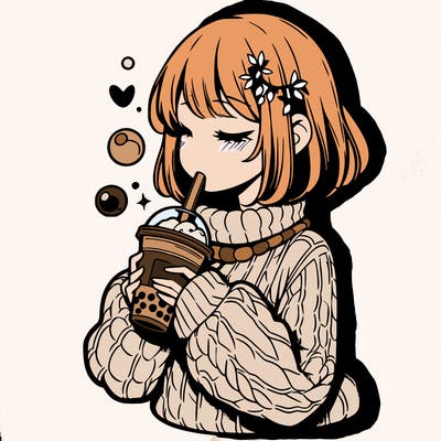 manga girl drinking boba in cozy sweater