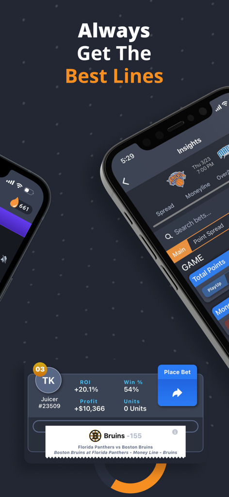 Juice Reel: Bet Tracker & Tips - Juice Reel app interface showing sports betting insights and user performance metrics