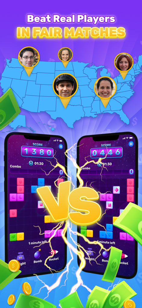 Win Real Money: PlayOff Games - Two mobile phones showing a competitive block puzzle game with a map of the USA and real player profiles competing for cash prizes