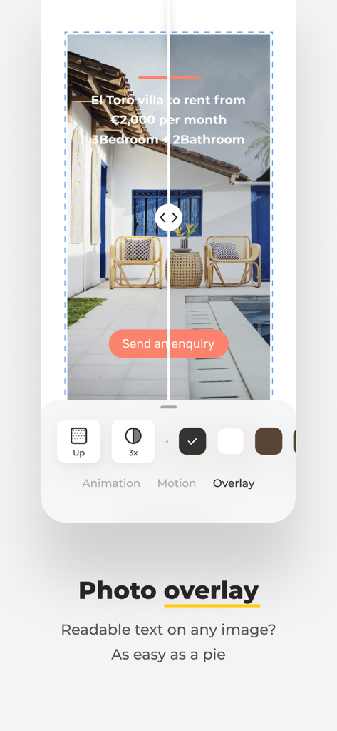 Interface de l'application Smoozly montrant la fonctionnalité de superposition de photos pour un texte lisible sur les stories des réseaux sociaux