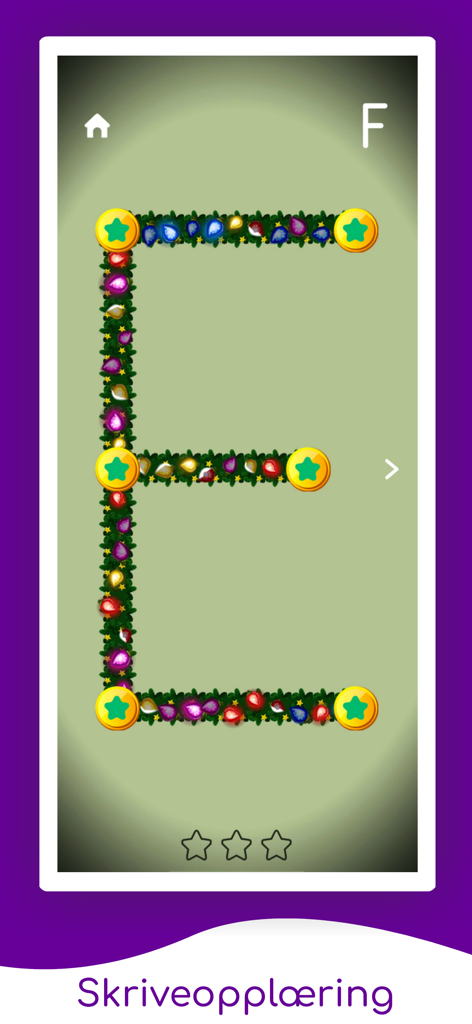 Ejercicio de trazo educativo para la letra E en la aplicación de aprendizaje del alfabeto noruego con un diseño de guirnalda festiva