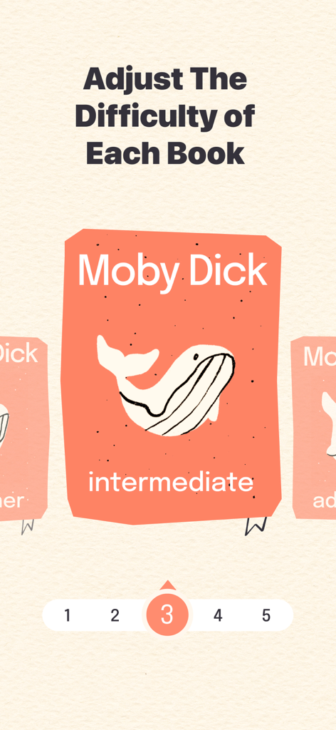 Magibook: Reading & Audiobooks - Interface showing the difficulty level adjustment for the book Moby Dick in the Magibook app