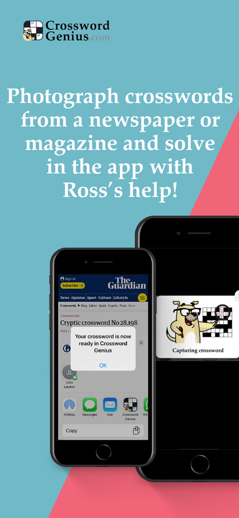 Crossword Genius - A mobile app screenshot demonstrating how to photograph a newspaper crossword to solve it digitally with AI help
