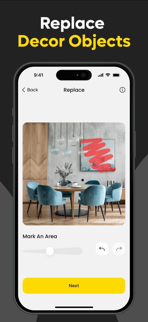 AI Interior Design, Renovation - Decorium app interface highlighting the AI tool to select and replace decor objects in a dining room.