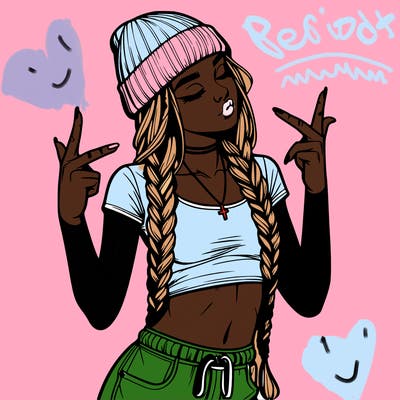 realistic teenage girl with braids and a beanie and crop top doing 🫶🏼