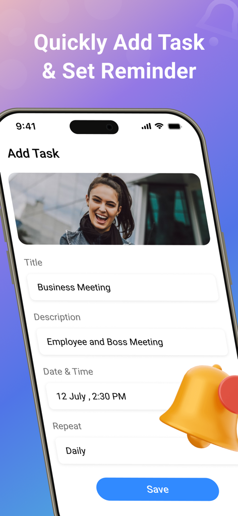 Interfaz de la app Notisave mostrando cómo añadir rápidamente una tarea con un título, descripción, imagen y recordatorio diario