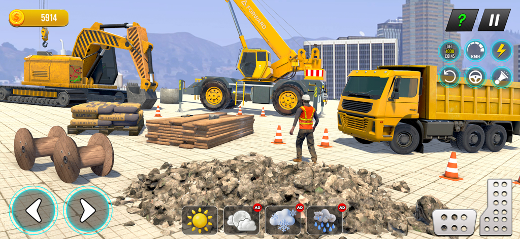 Construction Truck 2025 Sim 3D - Um canteiro de obras apresentando uma escavadeira, guindaste móvel e caminhão basculante com controles de jogo interativos.