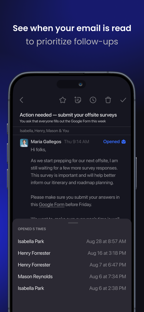Shortwave - AI Email - Shortwave app screen showing email read receipts with names and timestamps of when recipients opened a message.