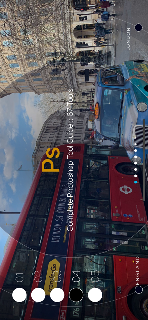 Introductory screen for Learn Ps Tools app featuring the Photoshop logo and a guide to 67 tools over a London city background