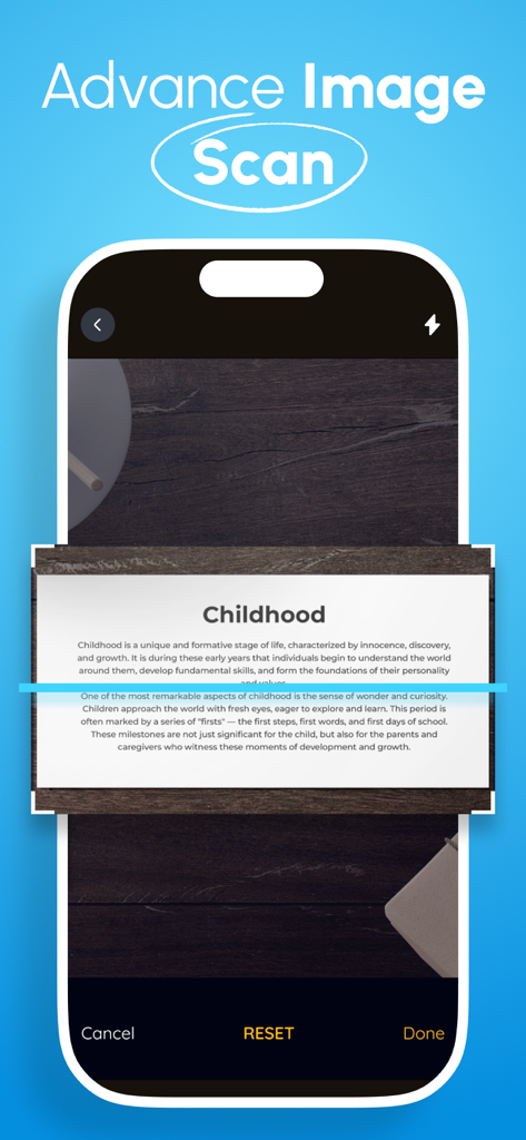 Plagiarism Checker & AI Detect - 盗作検出のために「Childhood」と題された印刷されたドキュメントの高度な画像スキャンを示すスマートフォンアプリのインターフェース