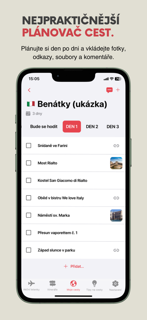 FlyAway: levné letenky, cesty - FlyAway app screenshot showing the daily trip planner feature for a trip to Venice