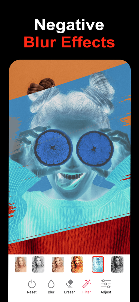 Blur Image -Blur Effect Editor - Eine mobile Bildbearbeitungs-Oberfläche, die einen Negativfarbfiltereffekt auf einem künstlerischen Porträt anzeigt
