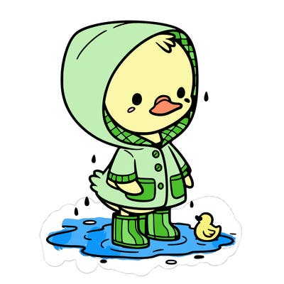 baby duck in a rain coat and boots, in a puddle while it’s raining