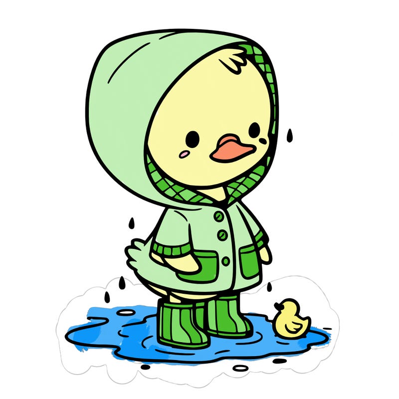 baby duck in a rain coat and boots, in a puddle while it’s raining