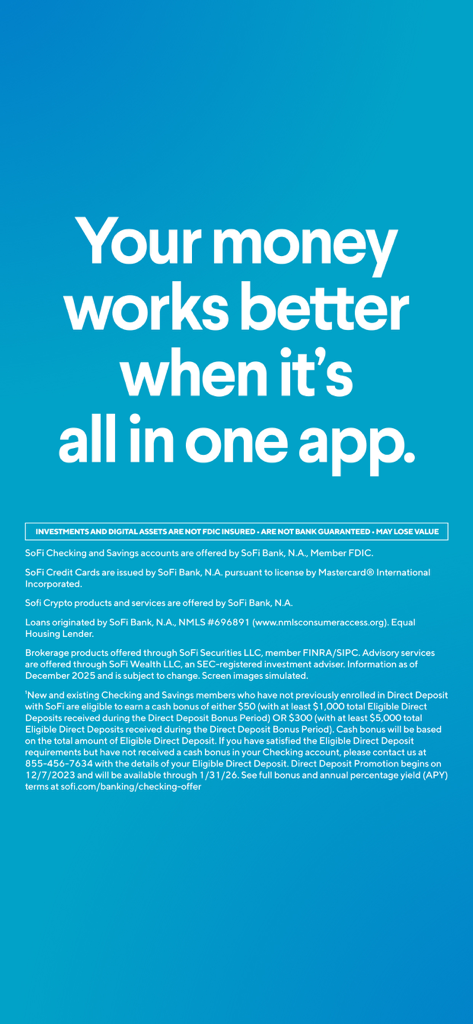 Marketing screen for the SoFi app with the text Your money works better when it is all in one app