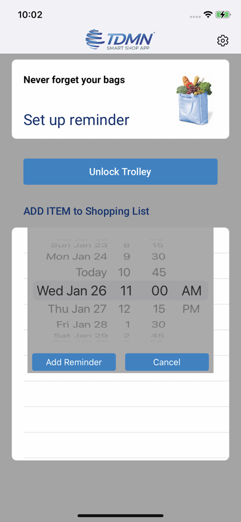 sMart Shop App - Interface of the sMart Shop App showing the bag reminder setup and trolley unlock button