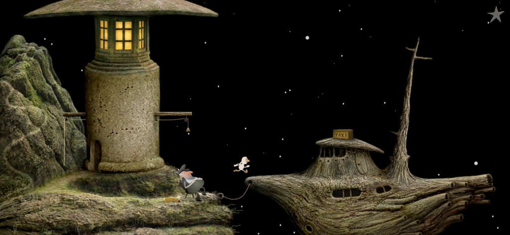Samorost 2 - Uno gnomo spaziale che corre verso un'astronave taxi di legno in un paesaggio stellare surreale.