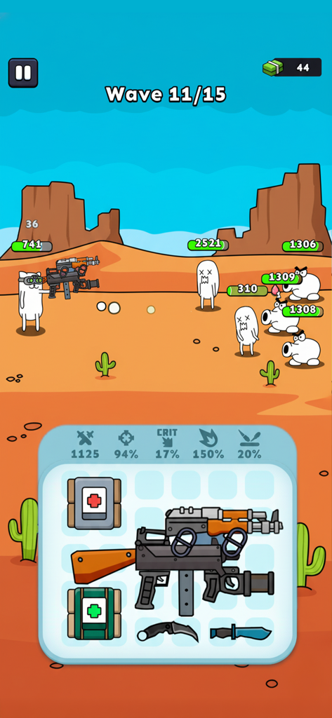 A battle cat shooting monsters in a desert with a weapon customization grid at the bottom