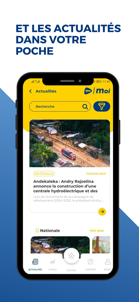 Yas et moi - 마다가스카르 국가 뉴스를 보여주는 Yas et moi 앱 뉴스 피드 인터페이스.