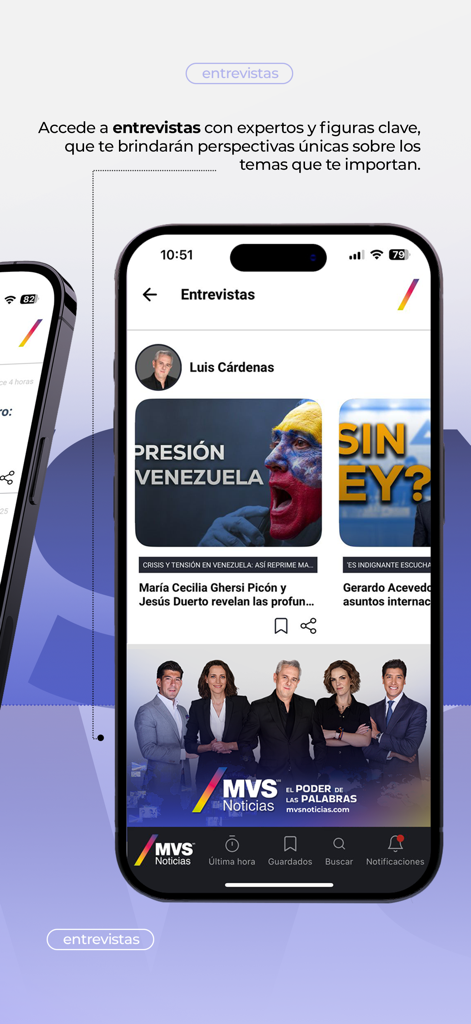 MVS Noticias - Tela de smartphone do aplicativo MVS Noticias exibindo a seção de entrevistas exclusivas e âncoras de notícias.