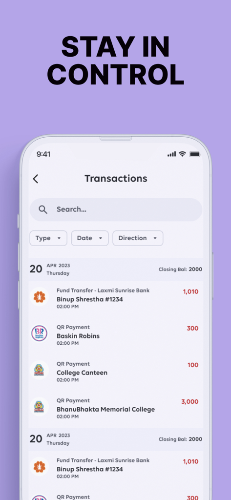 Global Junior - Global Junior 앱의 거래 내역 화면, 부모 모니터링을 위한 다양한 결제 및 이체 표시