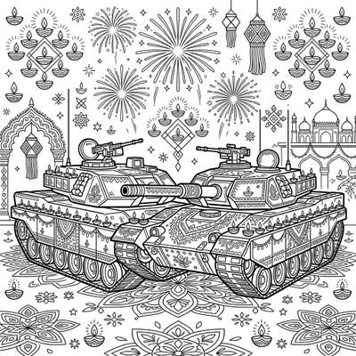 Dive into a truly unique coloring experience with this festive Diwali scene featuring decorated military tanks. Explore intricate details, sparkling fireworks, and traditional patterns awaiting your creative touch.