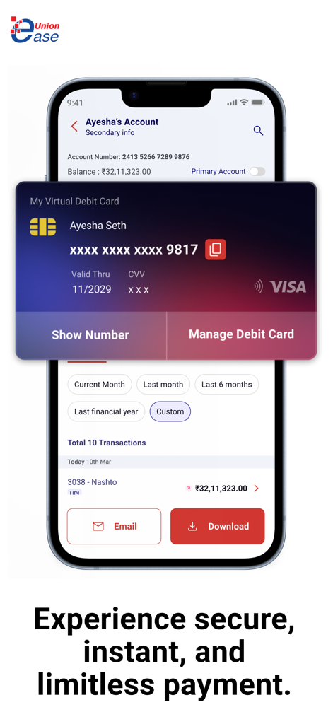 Vyom - Vyom mobile app showing a virtual debit card and bank account transaction history.