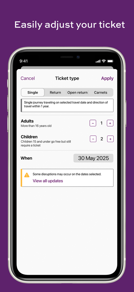 Heathrow Express app screen for selecting ticket type and passenger numbers