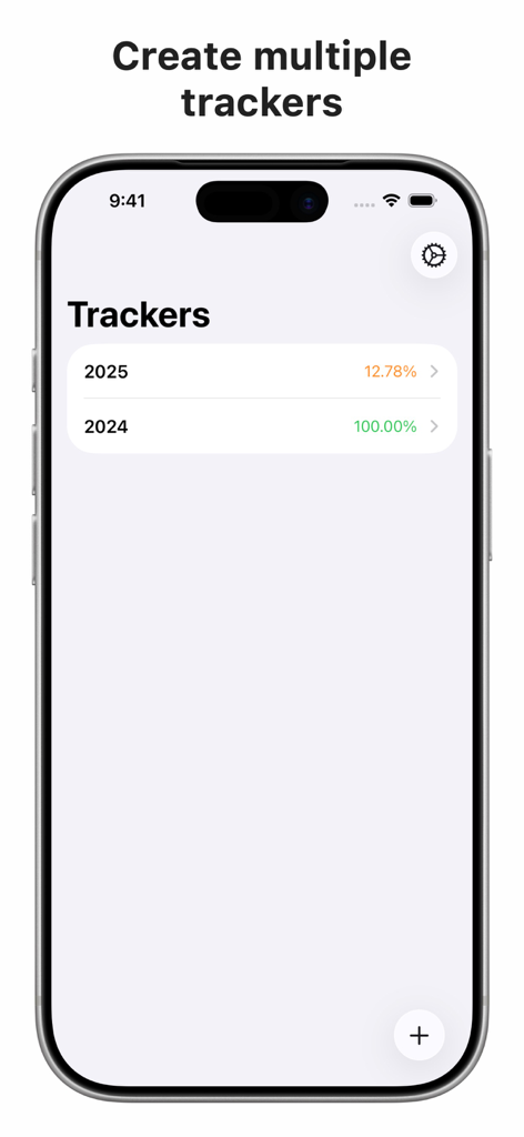 TMBR: Track My Bible Reading - Una interfaz móvil de la aplicación TMBR que muestra múltiples rastreadores de lectura de la Biblia para los años 2024 y 2025 con porcentajes de progreso.