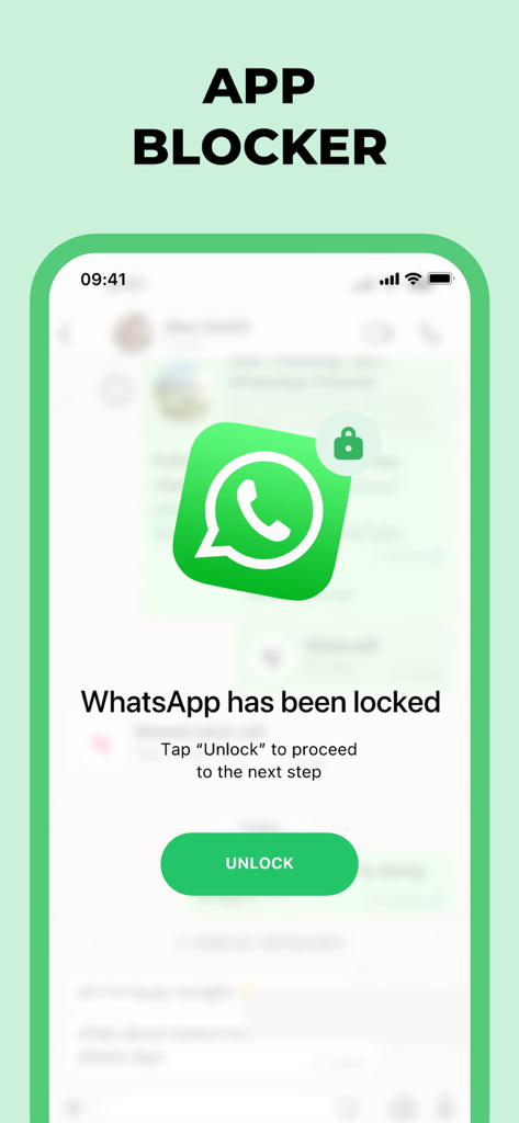 App Lock - AppLock Apps - Ein Smartphone-Bildschirm mit einer gesperrten WhatsApp-Nachricht und einer Schaltfläche zum Entsperren der Anwendung.
