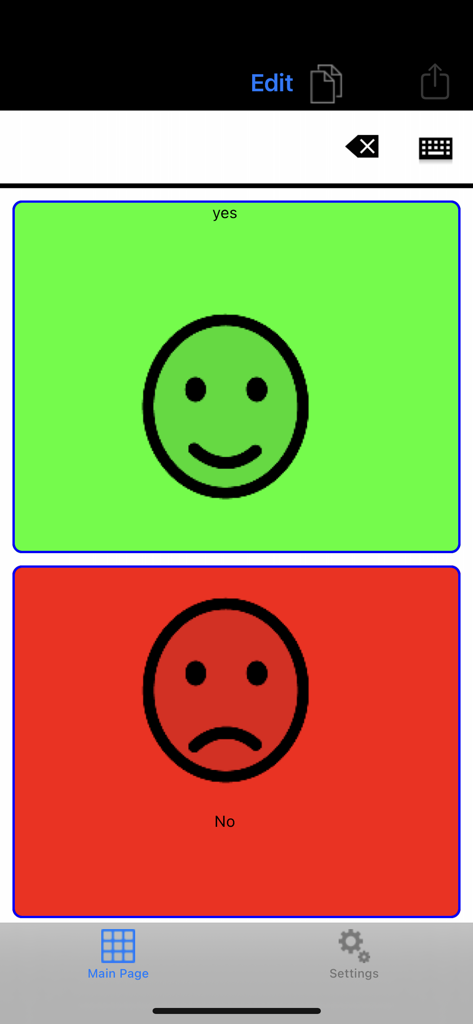 TalkTablet PRO app interface featuring large green yes and red no buttons with smiley and frowny faces for simple communication.