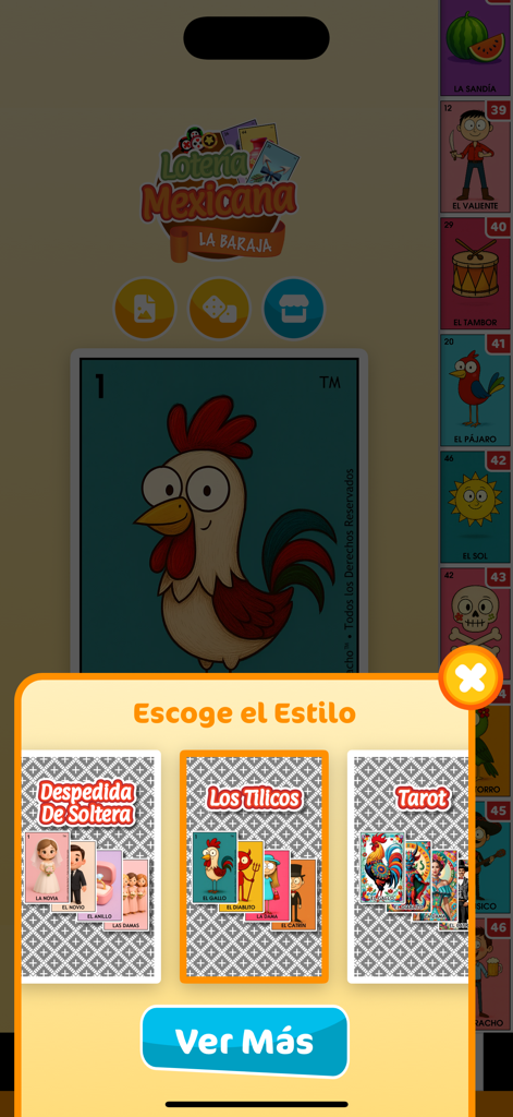 Lotería Mexicana - La Baraja - Interface do aplicativo Loteria Mexicana mostrando uma carta de galo e um menu para selecionar diferentes estilos de baralho como Los Tilicos e Tarot