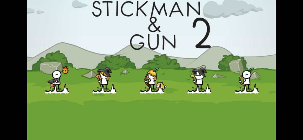 Pantalla de título de Stickman And Gun 2 mostrando varias clases de personajes stickman en un campo verde.