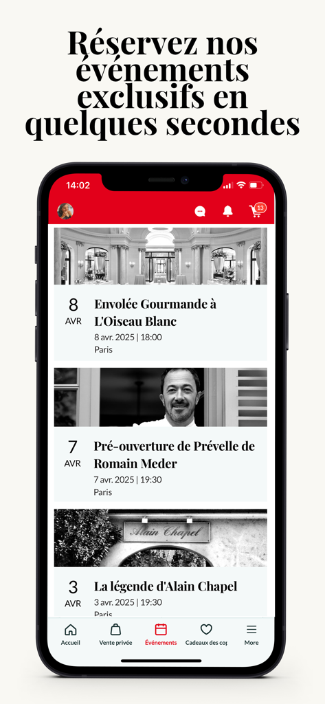 Pépites Club - Pantalla de la aplicación móvil que muestra eventos exclusivos de cenas gourmet en París de Pepites Club