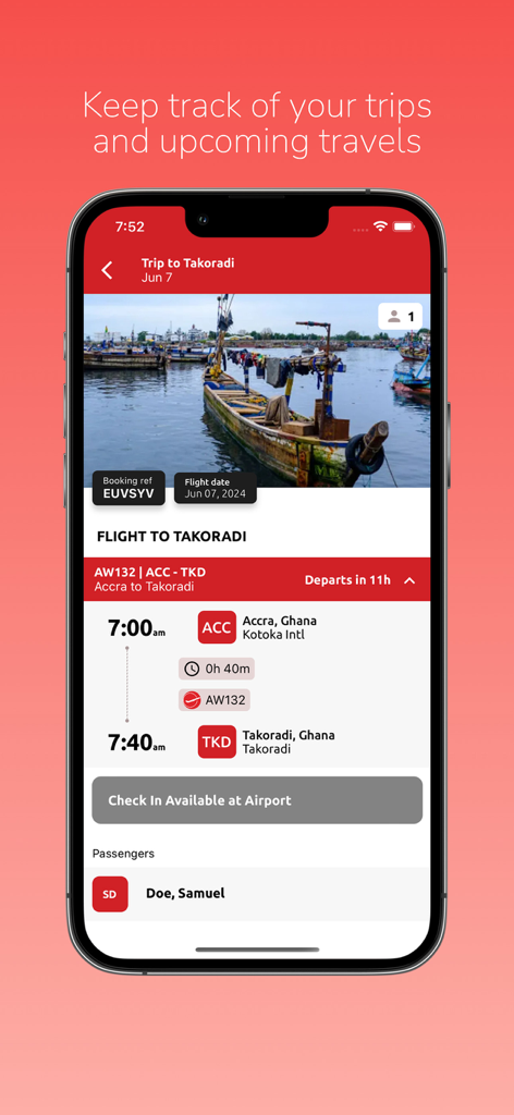 Africa World Airlines - Interface do aplicativo Africa World Airlines mostrando o itinerário de voo de Acra para Takoradi