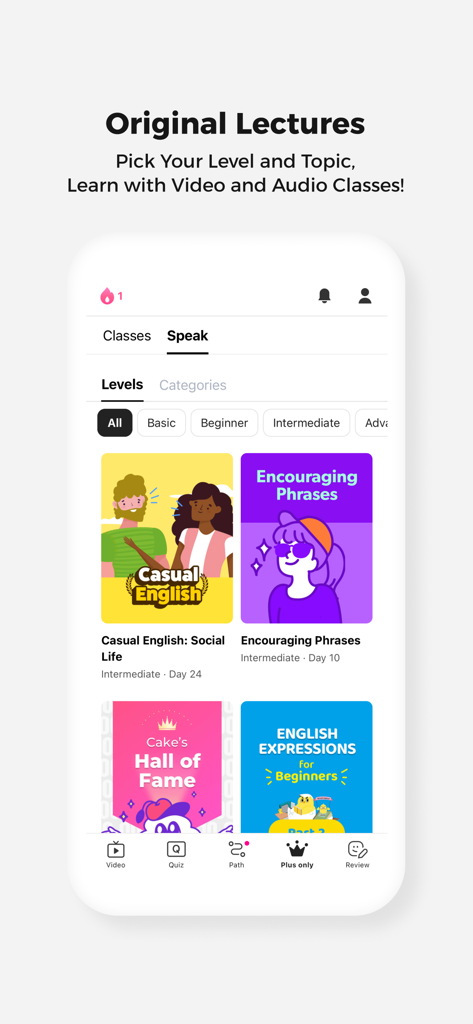 Cake - Learn English & Korean - L'interface de l'application Cake montrant des conférences vidéo et audio originales pour l'apprentissage de l'anglais et du coréen organisées par niveau et par sujet.