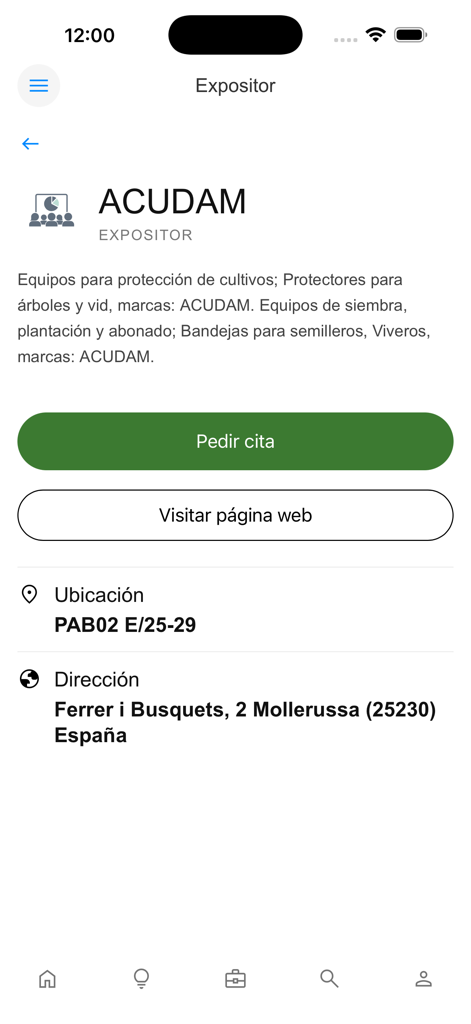 Tela de detalhes do expositor para ACUDAM no aplicativo móvel FIMA Agricola exibindo descrição do negócio e recursos de agendamento de reuniões
