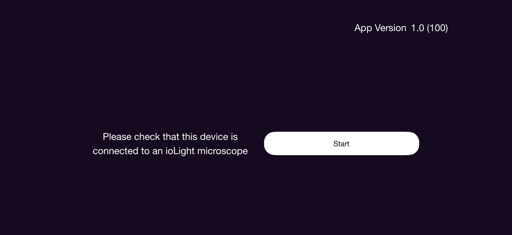 ioLight Microscope app start screen with device connection prompt