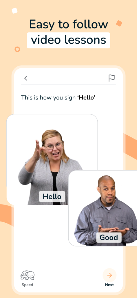 ASL Bloom - Sign Language - Interface de aplicativo móvel do ASL Bloom mostrando videoaulas para aprender sinais de língua de sinais como Olá e Bom