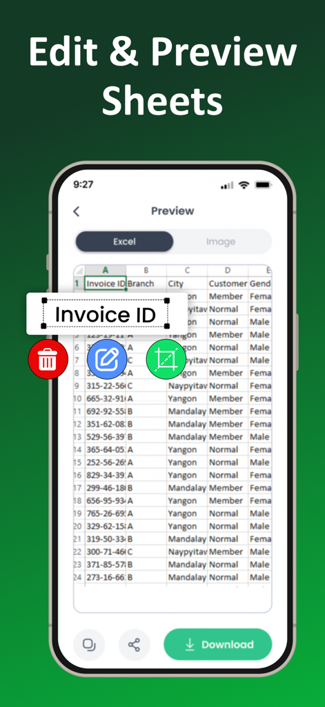 Image to Excel Converter－XLSX - Vista previa y edición de datos de hoja de cálculo convertida en la aplicación Convertidor de Imágenes a Excel.